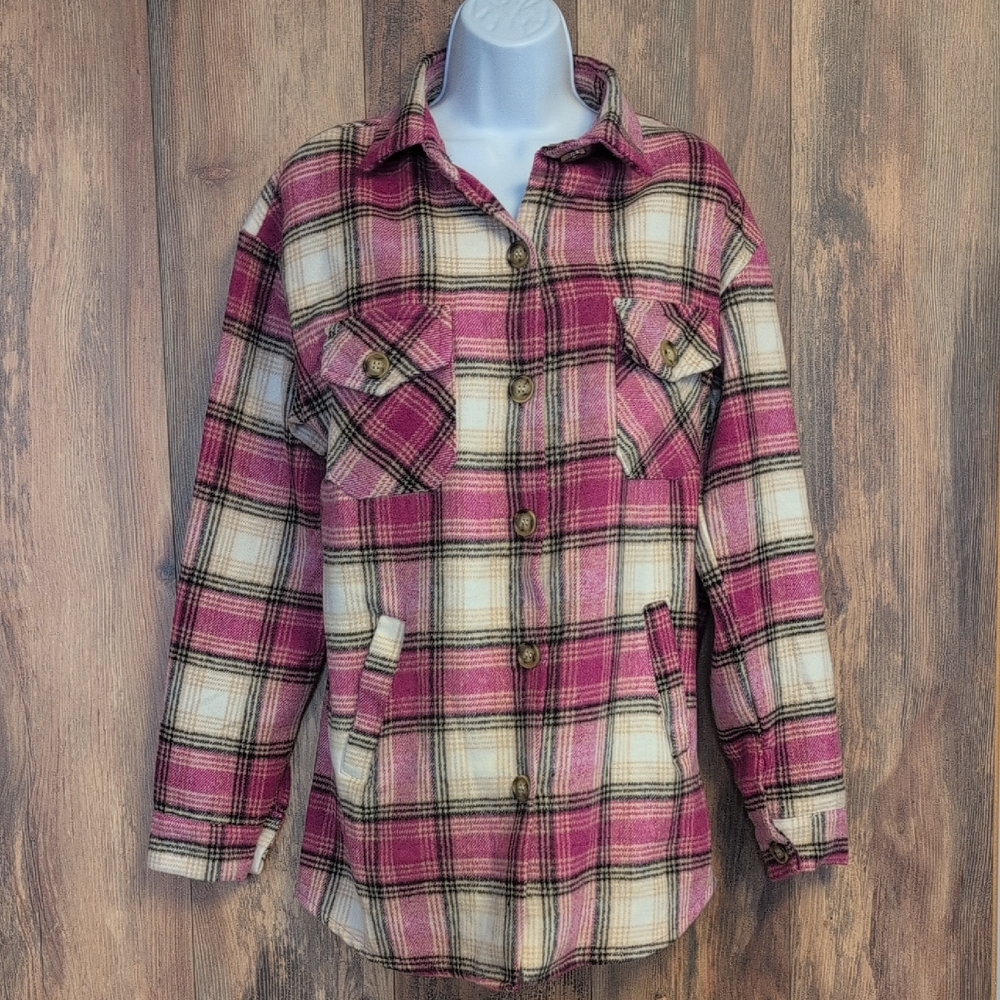 Love Poem Fleece Plaid Utility Shirt Jacket M              C160